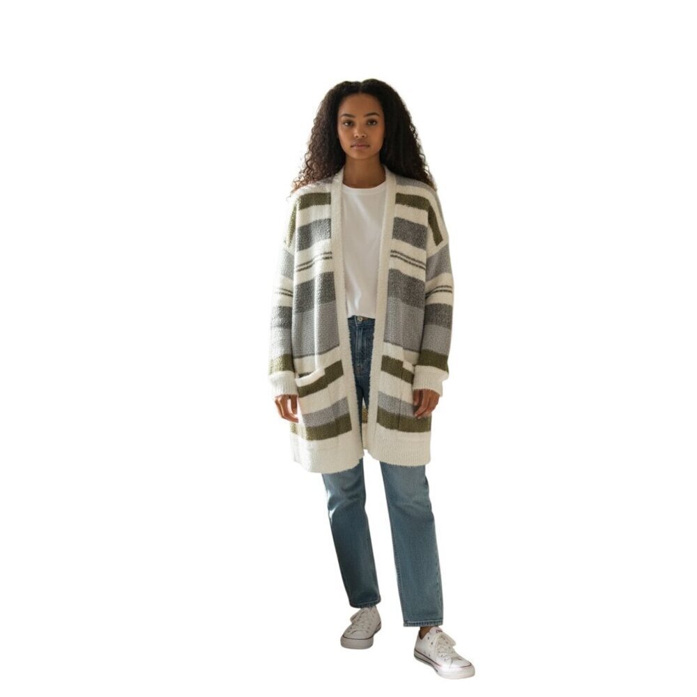 Pink Clover Color Blocked SOFT Striped Cardigan~Size Small~Grey/Olive NWT~L11 17